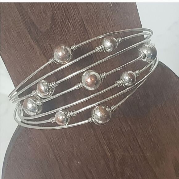 SILVER-TONE Metal Bead & Wire Cuff Bracelet - Picture 2 of 6